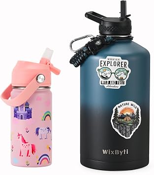 One Gallon Water Bottle Insulated, Kids Water Bottle 14oz with Silicone Straw Lid