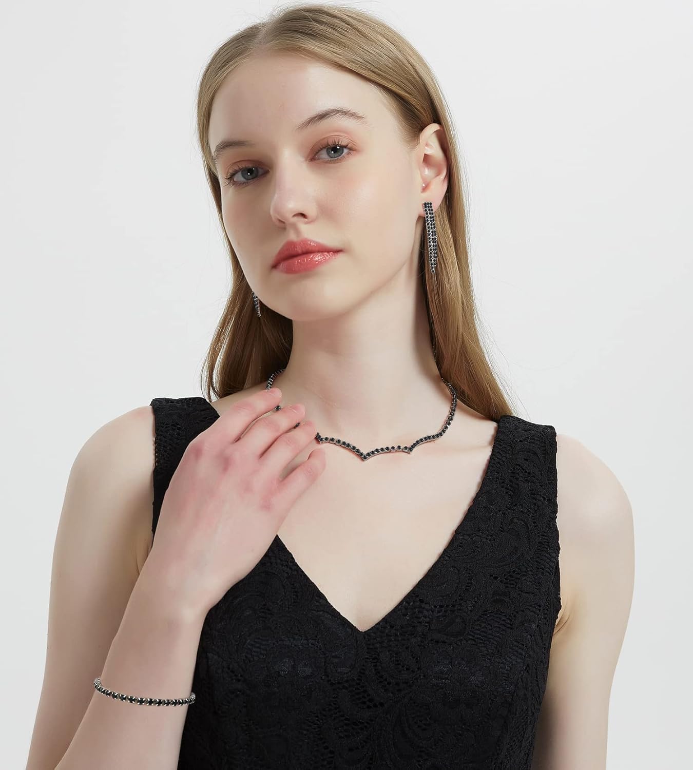 Crystal Rhinestone Tennis Wedding Jewelry Set Earrings Necklace Bracelet for Bride Bridesmaid Prom Homecoming Party - Image 2