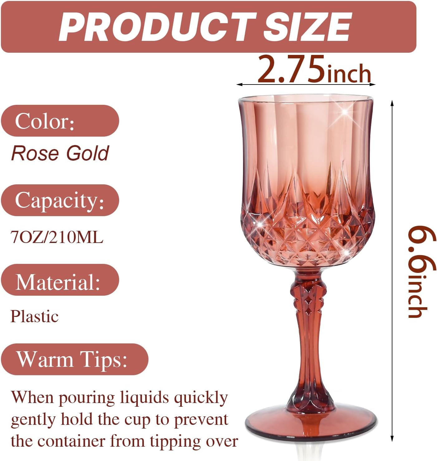 24 Pcs Plastic Rose Gold Stemmed Wine Glasses, 7oz, Unbreakable, BPA-free, Dishwasher Safe, Perfect for Weddings, Parties, and Everyday Use - Image 2