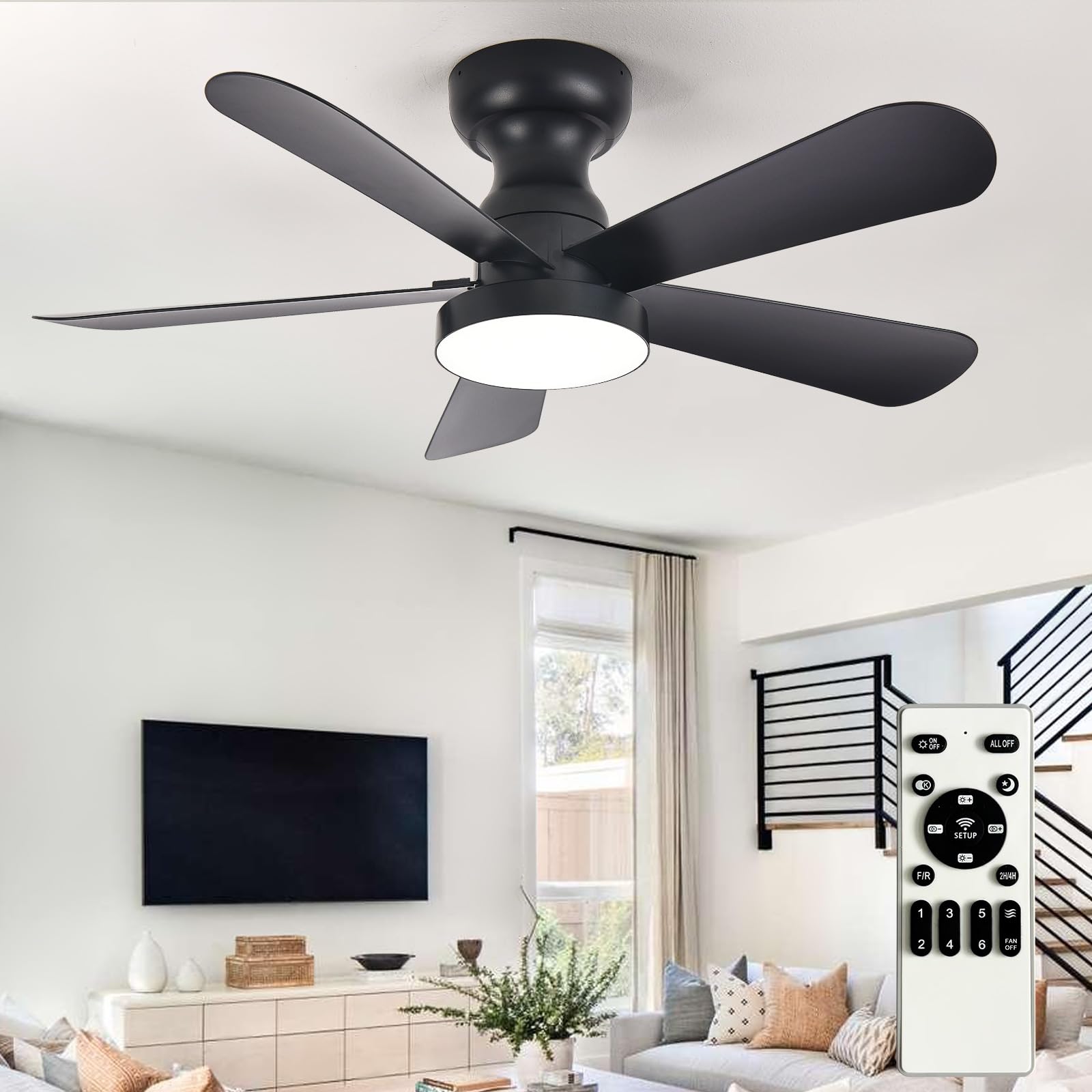 Depuley Black Ceiling Fan with Lights: 35-Inch Flush Mount Fan with Light and Remote - Low Profile Ceiling Fans Reversible Quiet DC Motor for Bedroom Living Room Indoor Outdoor