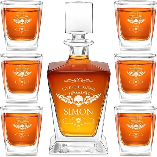 Maverton Juego de whisky personalizado para hombre - Jarra y 6 vasos con grabado - Elegante utensilios de bar para cumpleaños para papá - Para los