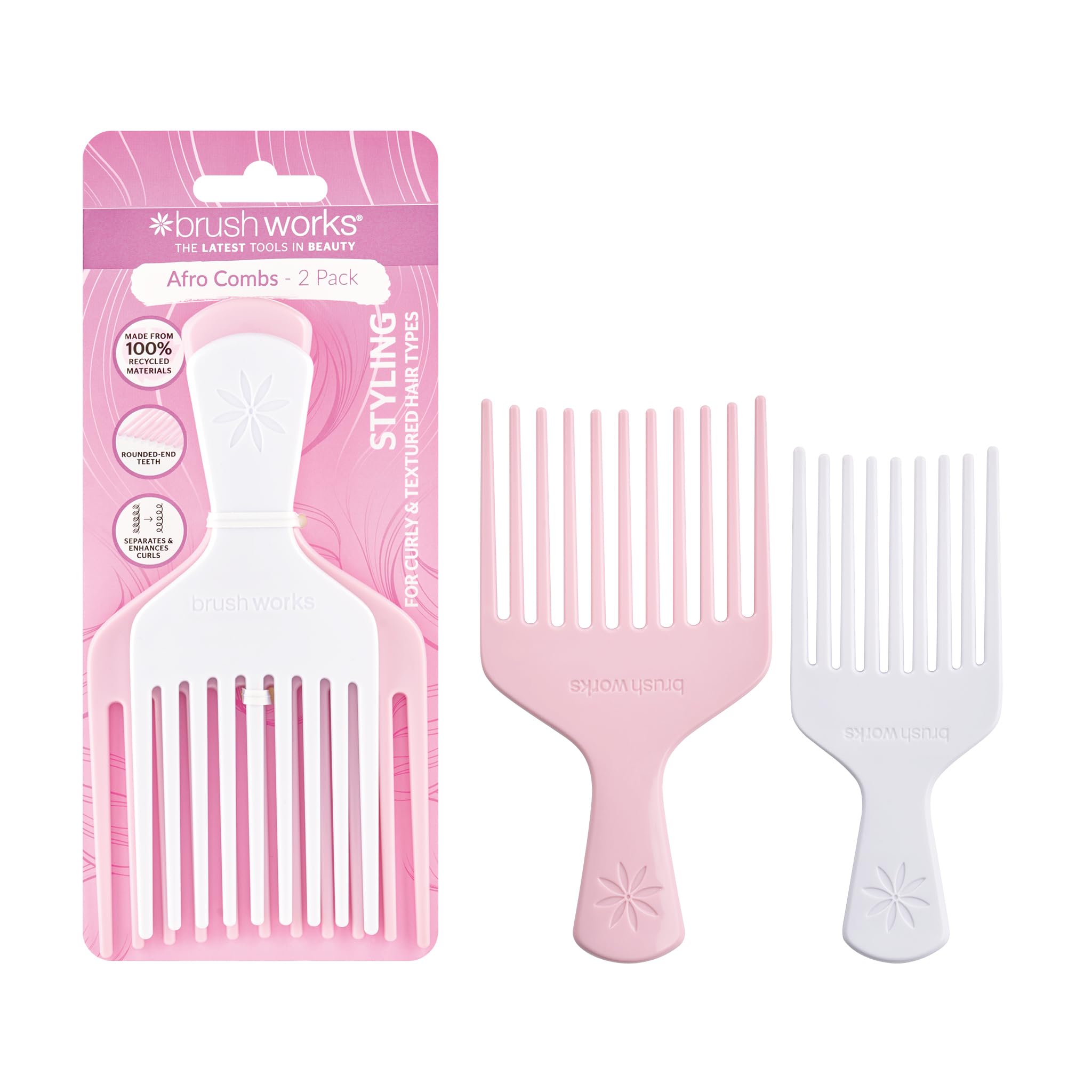 Brushworks Afro Combs – 2 Pack Styling Set for Thick, Curly & Textured Hair – Large & Small Combs for Volume, Root Lift & Curl Definition – Rounded Teeth – Made from 100% Recycled Materials