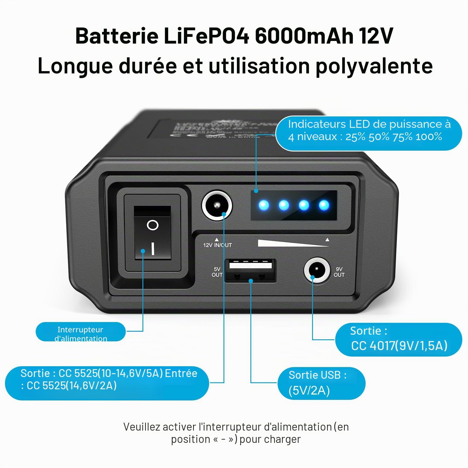melasta 6000mAh Batterie Externe, Pack Batterie Ont 12V Porte DC in/Out Équipement et 9V Porte DC Out et USB-A Équipement, Power Bank pour Smartphone, Bande LED, Caméra de Surveillance