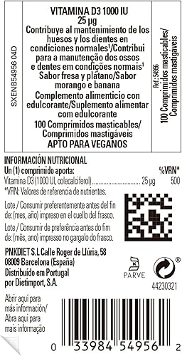 Miniatura 2 de Vitamina D3 25 mcg (1000 UI) Tabletas masticables  Sabor natural de fresa y plátano  100 unidades