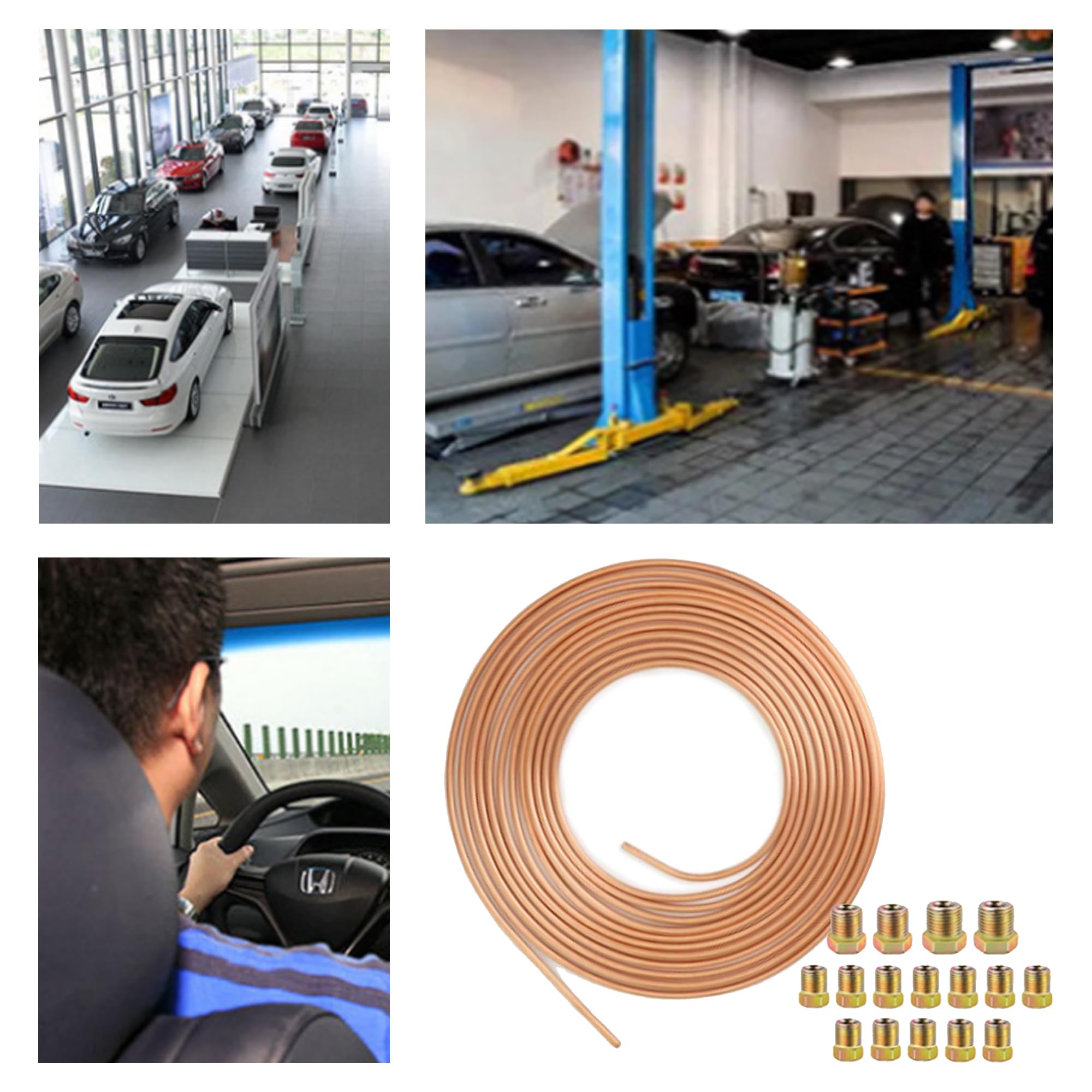 Tuyau de Frein en Cuivre 25ft/7,62m Ø 4.75mm, Kit de Conduite Générale de Frein Replacement, Auto Tube Tuyau de Carburant Frein, 3/16" de Rechange pour Automobile avec 16 Raccords
