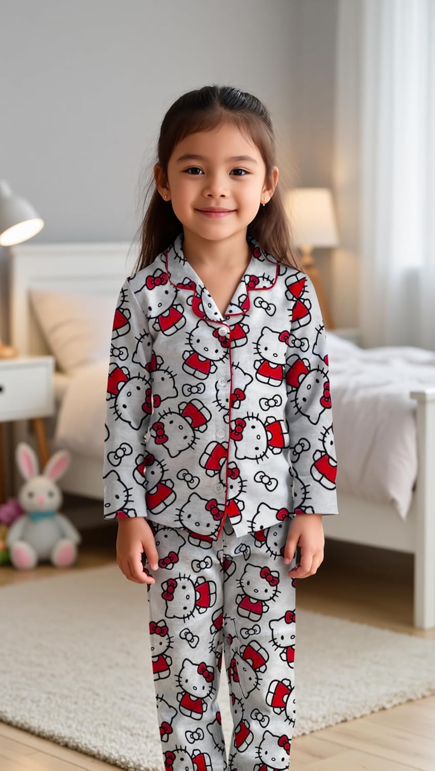 Hello Kitty Girls Pajama Set - 2 Piece Cozy Girls Pjs Button Down Long Sleeve & Pants For Kids - Official Product - Image 2