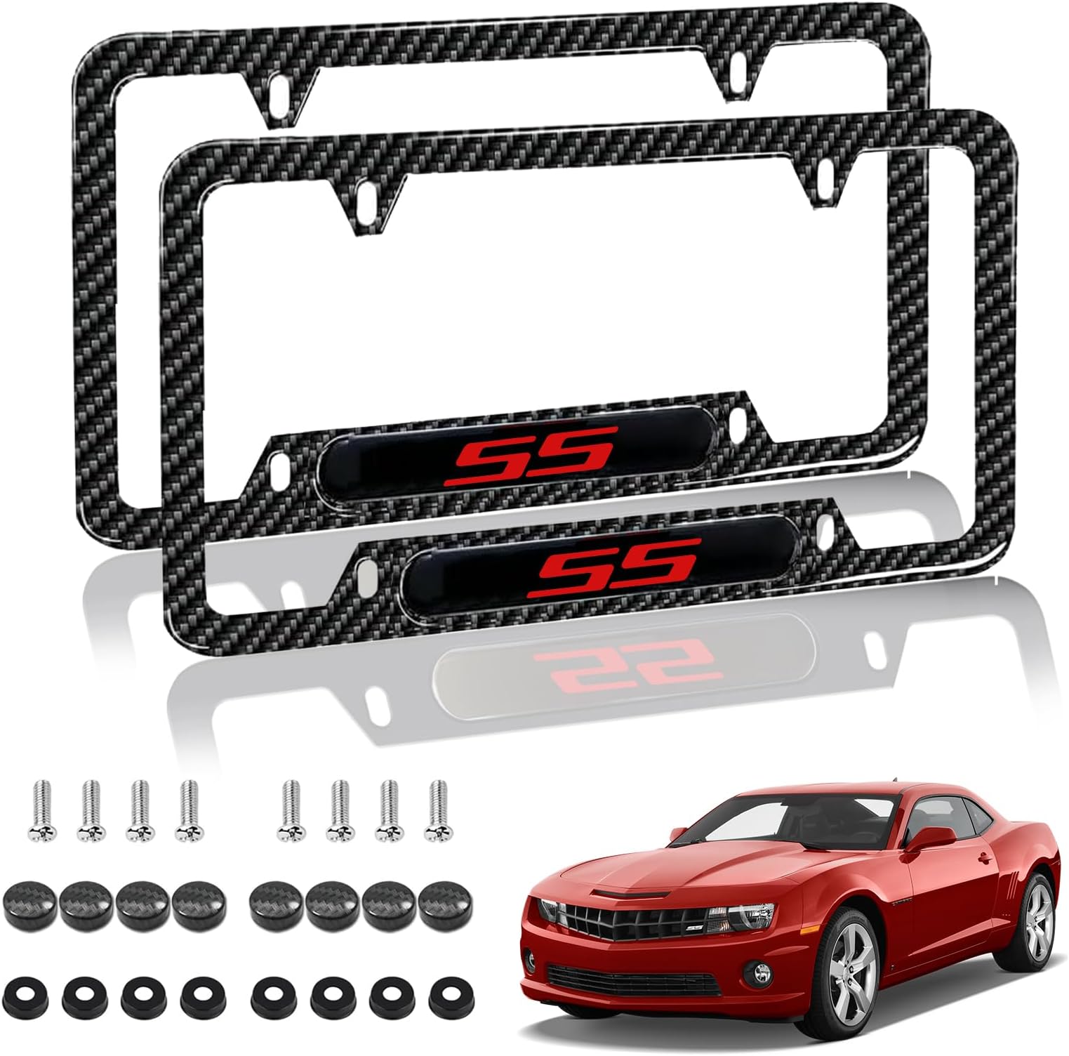 Designed for Carbon Fiber License Plate Frame for Camaro SS Car Tag Holder with Screw Cap 2Pcs.(Min-TXW-SS)