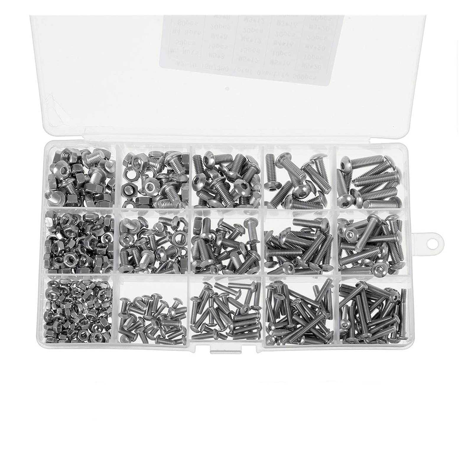 yaoqijie 500/ 1080pcs M2 M3 M4 M5 Juego de tornillos de zócalo hexagonal de acero al carbono Tornillos de cabeza redondos planos Tornillos de tornillos y tuercas Kit de surtido con caja de almacenami