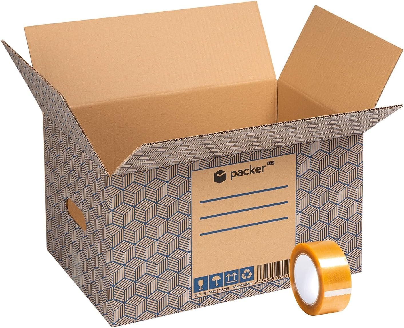packer Pro Packung mit 20 Kartons für Umzüge und Aufbewahrung, sehr robust, mit Griffen und Klebeband, 430 x 300 x 250 mm