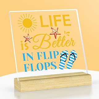 Gevody Flip Flop Plaque Summer Beach Gifts Flip Flops Lover Gifts Acrylic Plaque with Stand Flip Flops Gifts Summer Vacation Gifts for Women Friend Birthday Retirement Gifts Flip Flops Travel Gifts