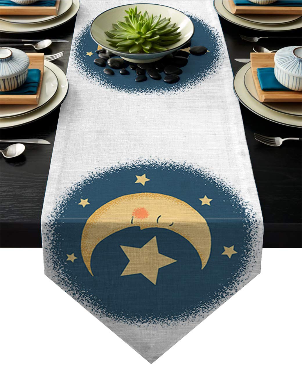 Meet 1998 Cotton Linen Table Runners Valentine's Day Cartoon Moon Star Circle Tablecovers for Kitchen Garden Wedding Parties Dinner Indoor Outdoors Home Decorations Yellow White 13x90 inches