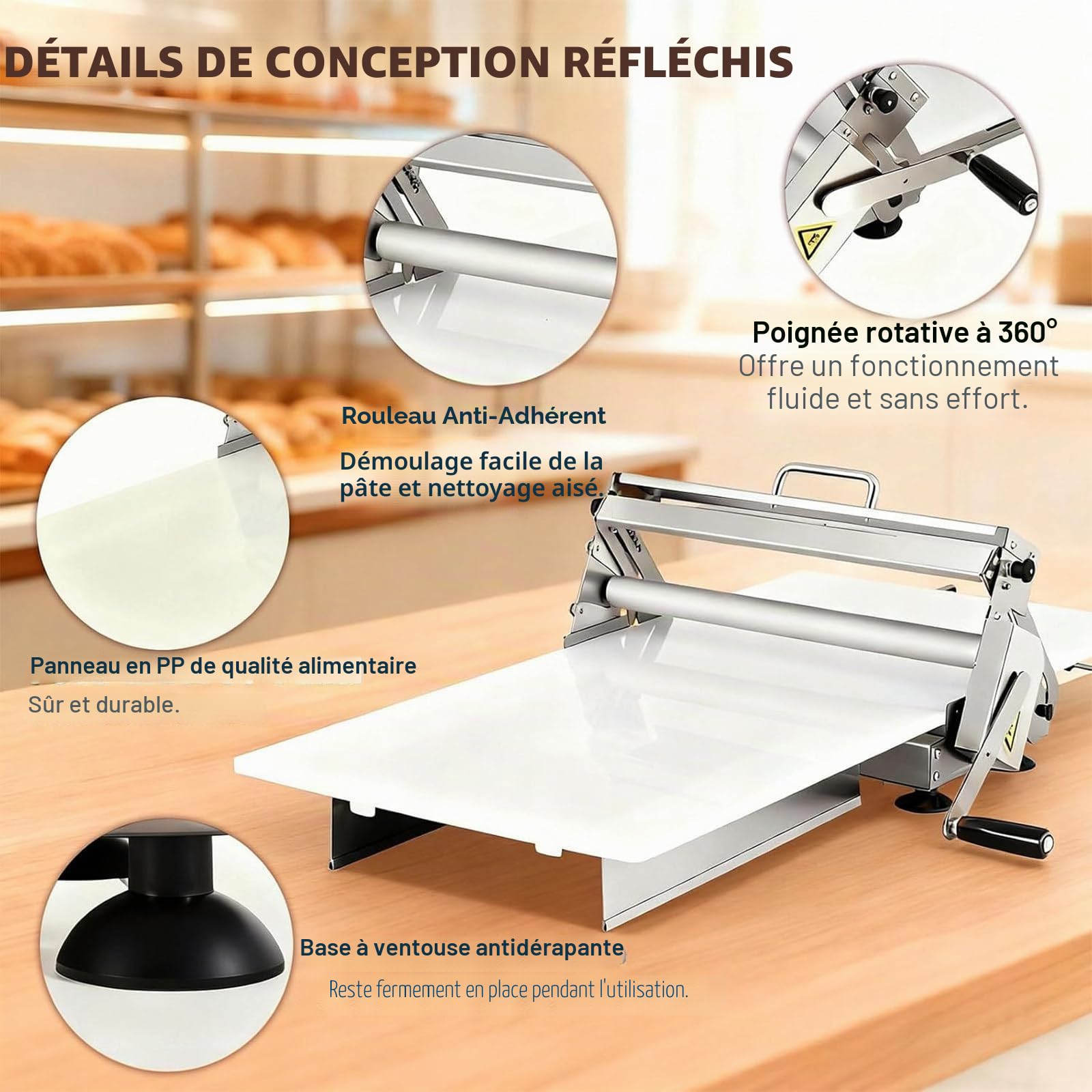 Laminoir à pâte Manuel Pliable, Rouleau à pâtisserie en Acier Inoxydable avec épaisseur réglable de 0 à 25 mm, Usage Commercial et Domestique, pour Pizzas, Croissants et pâtisseries TypeB
