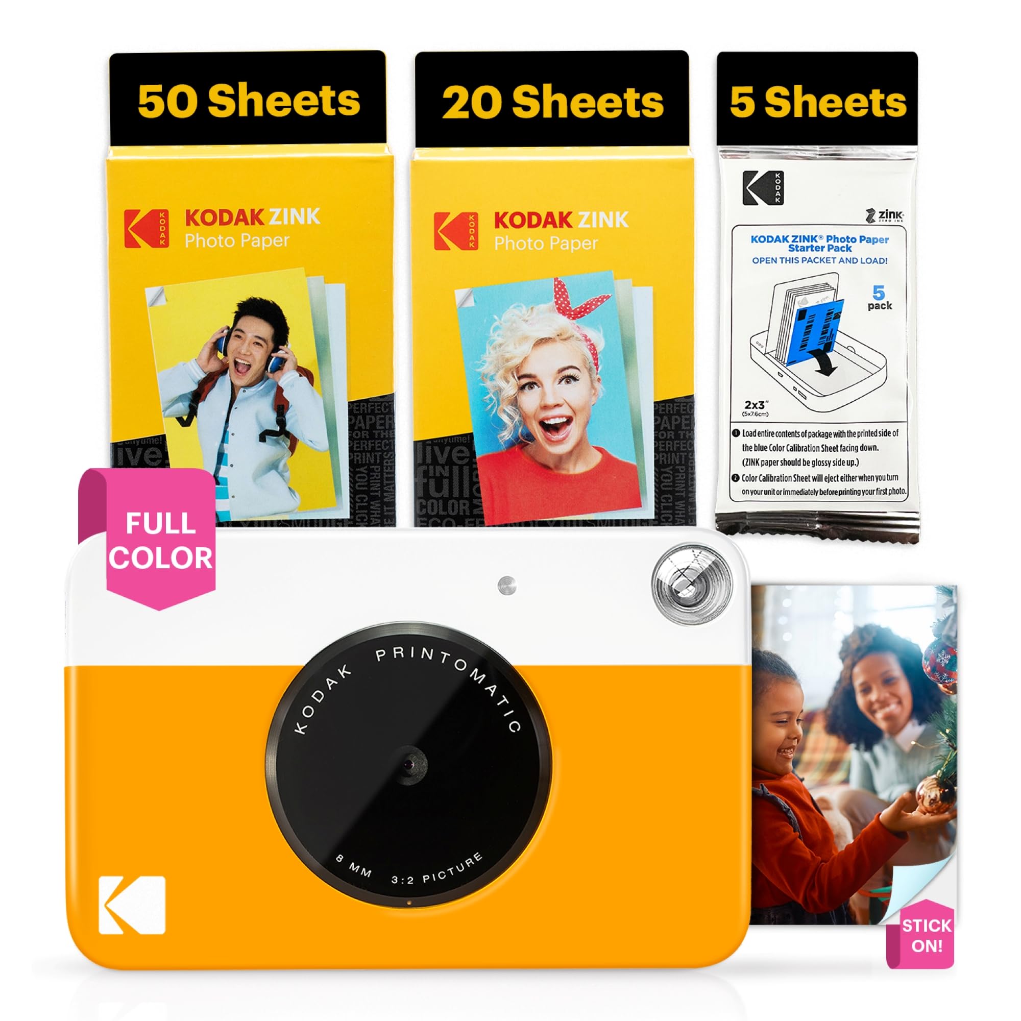Kodak Printomatic Full-Color Instant Print Digital Camera - 75 Sheets Bundle - Prints On Zink 2x3 Sticky-Back Photo Paper - 5MP, Portable, Creative Fun Gift for Birthday, Christmas, Holiday -Yellow