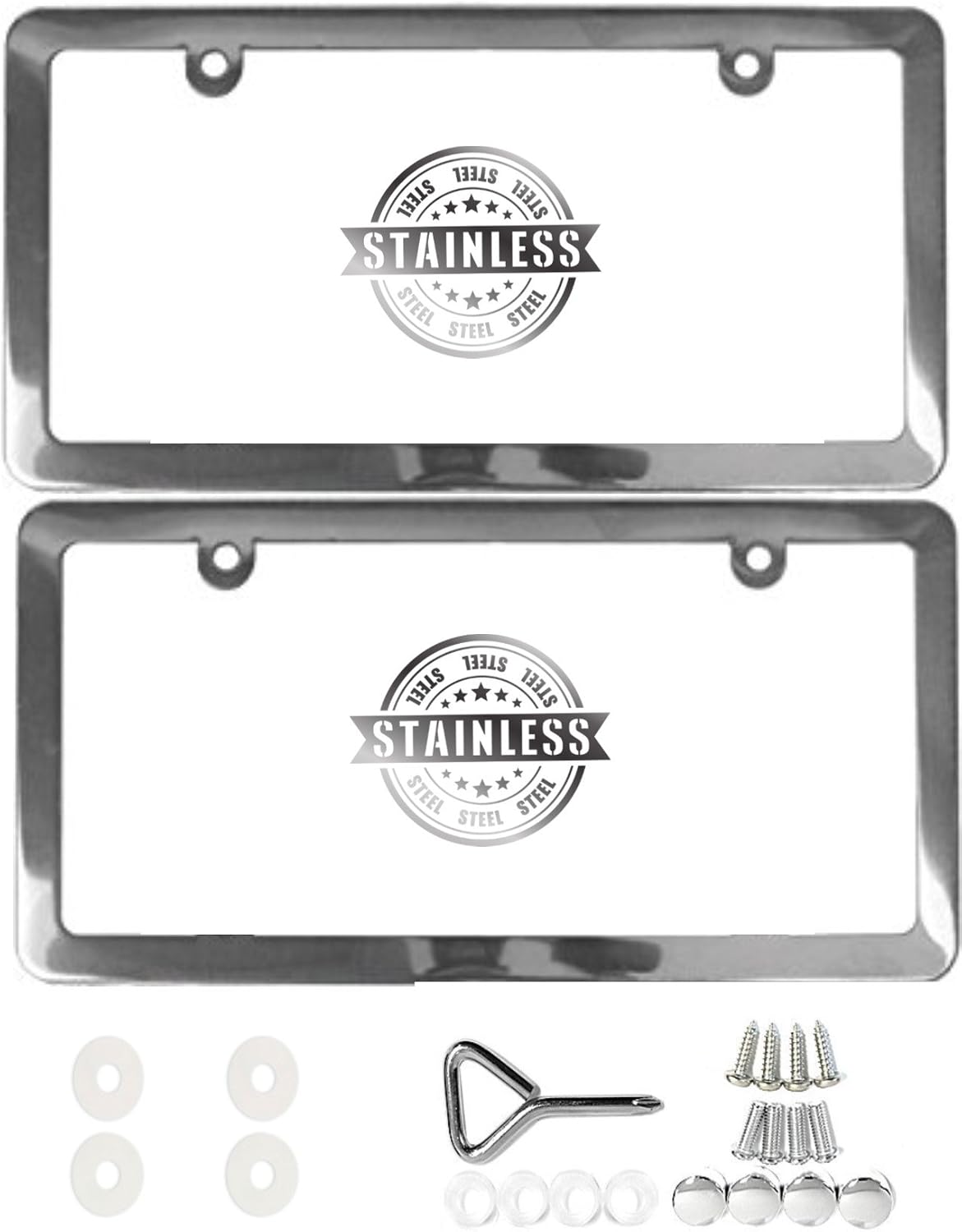 License Plate Frame | Stainless Steel | Premium Slim Style | (2 Holes, Polished Mirror Finish) Set: Front + Rear
