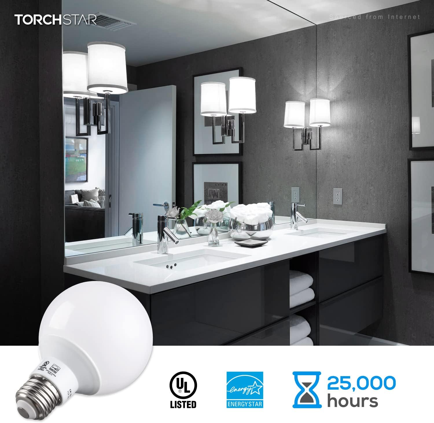 TORCHSTAR G25 LED Globe Light Bulbs, 5.5W Equivalent 60W, 500LM Dimmable, UL & Energy Star Listed, 5000K Daylight, Round Vanity Light Bulbs, Damp Rated, E26 Base, Pack of 3