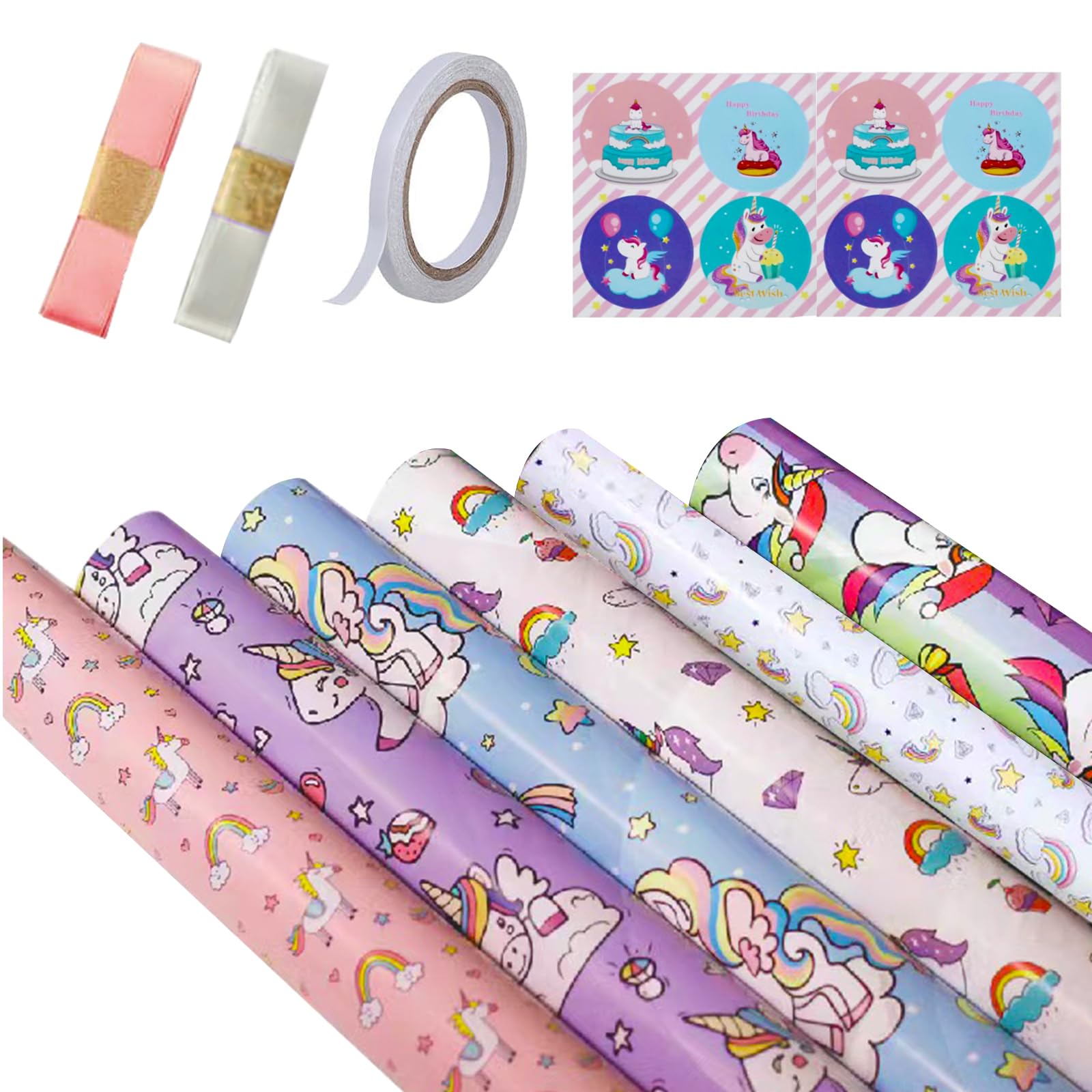 Gift Wrapping Paper With Cute Cartoon Pattern, Pink Rainbow Gift Wrap for Girls' Birthday With Stickers, Tags, Strips - Kids Birthday Gift Wrap