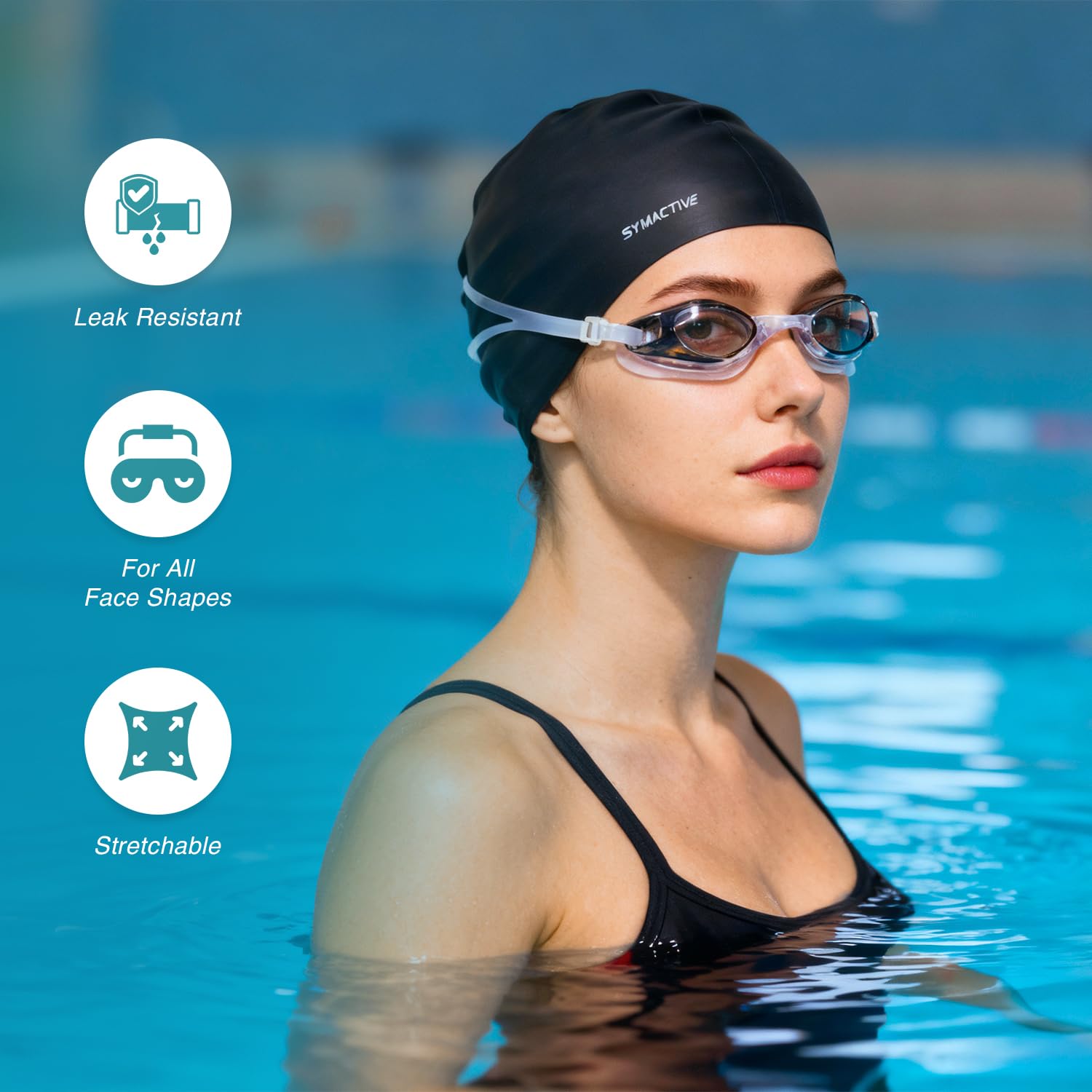 Amazon Brand - Symactive Unisex Swimming Goggles & Swimming Cap | Anti-Fog Goggles with Adjustable Strap | Silicone Free Size Cap | Waterproof | Black 3