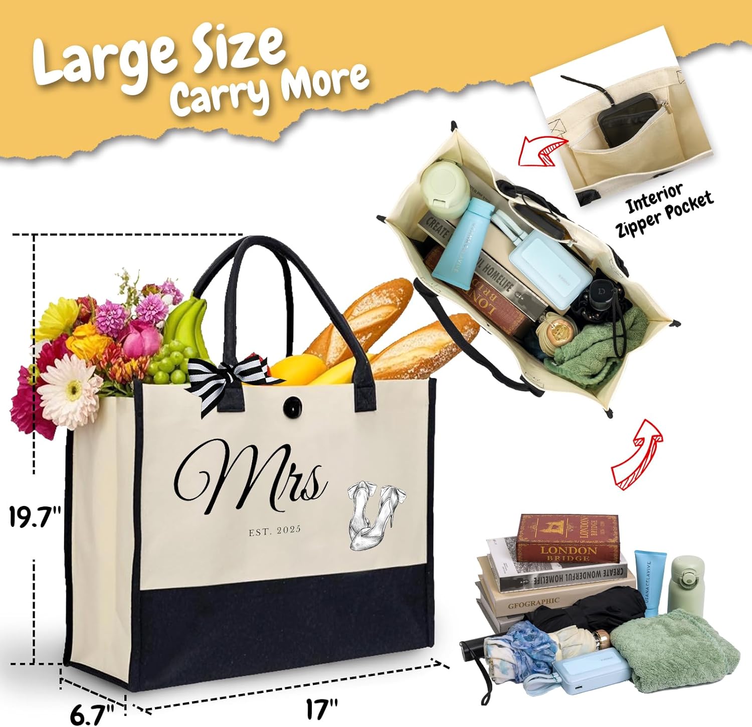 Bride Bag Bridal Shower Gifts Wedding Shower Gifts Bag Miss To Mrs Beach Tote Bags Classy Bachelorette Presents Wifey Makeup Large Bags For Honeymoon - Image 3