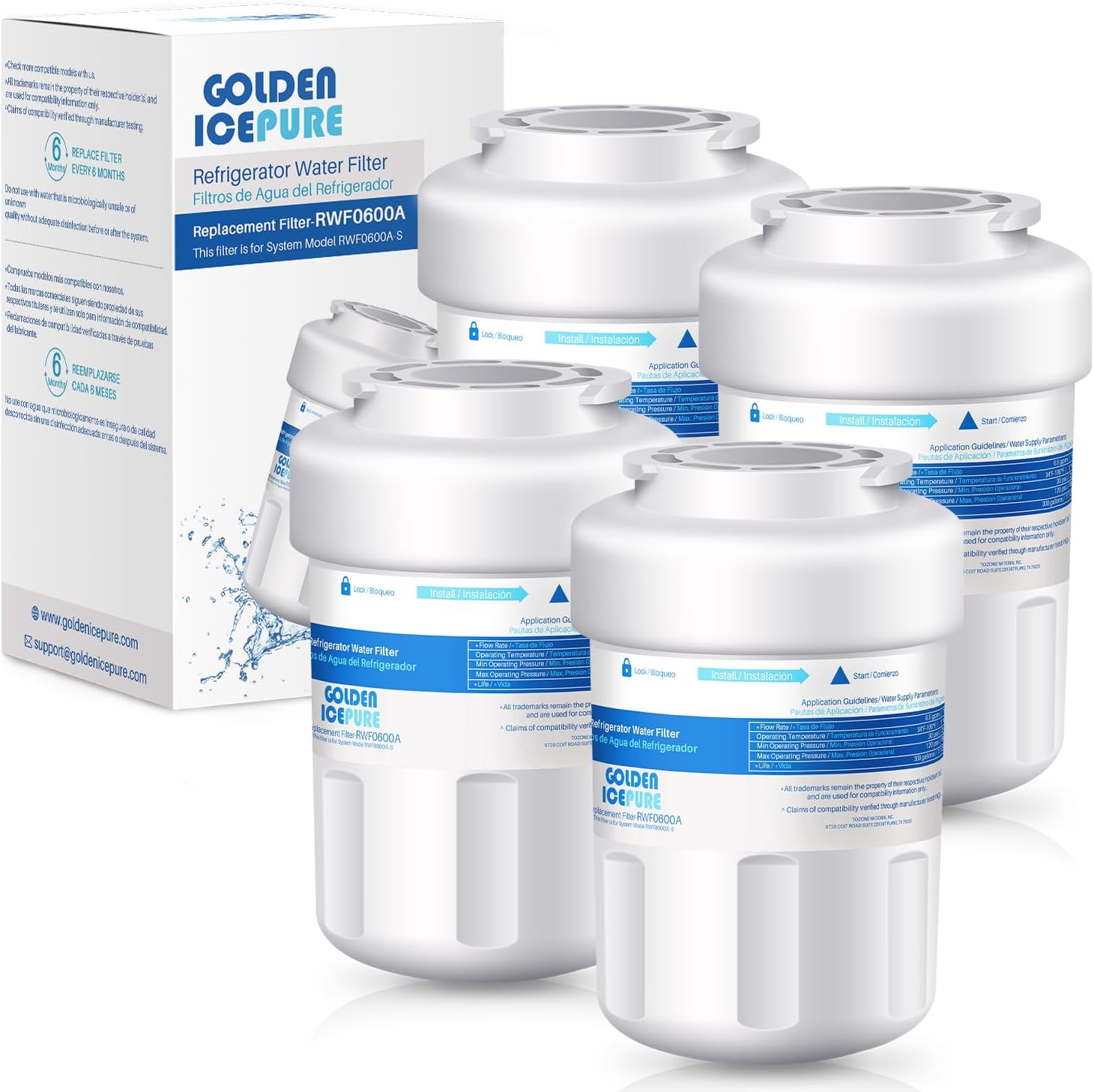 GOLDEN ICEPURERWF0600A Refrigerator Water Filter Replacement for GE SmartWater MWFA, GWF, GWFA, FMG-1, WFC1201, GSE25GSHECSS, PC75009, 197D6321P006, Kenmore 9991, PC83879, 4PACK