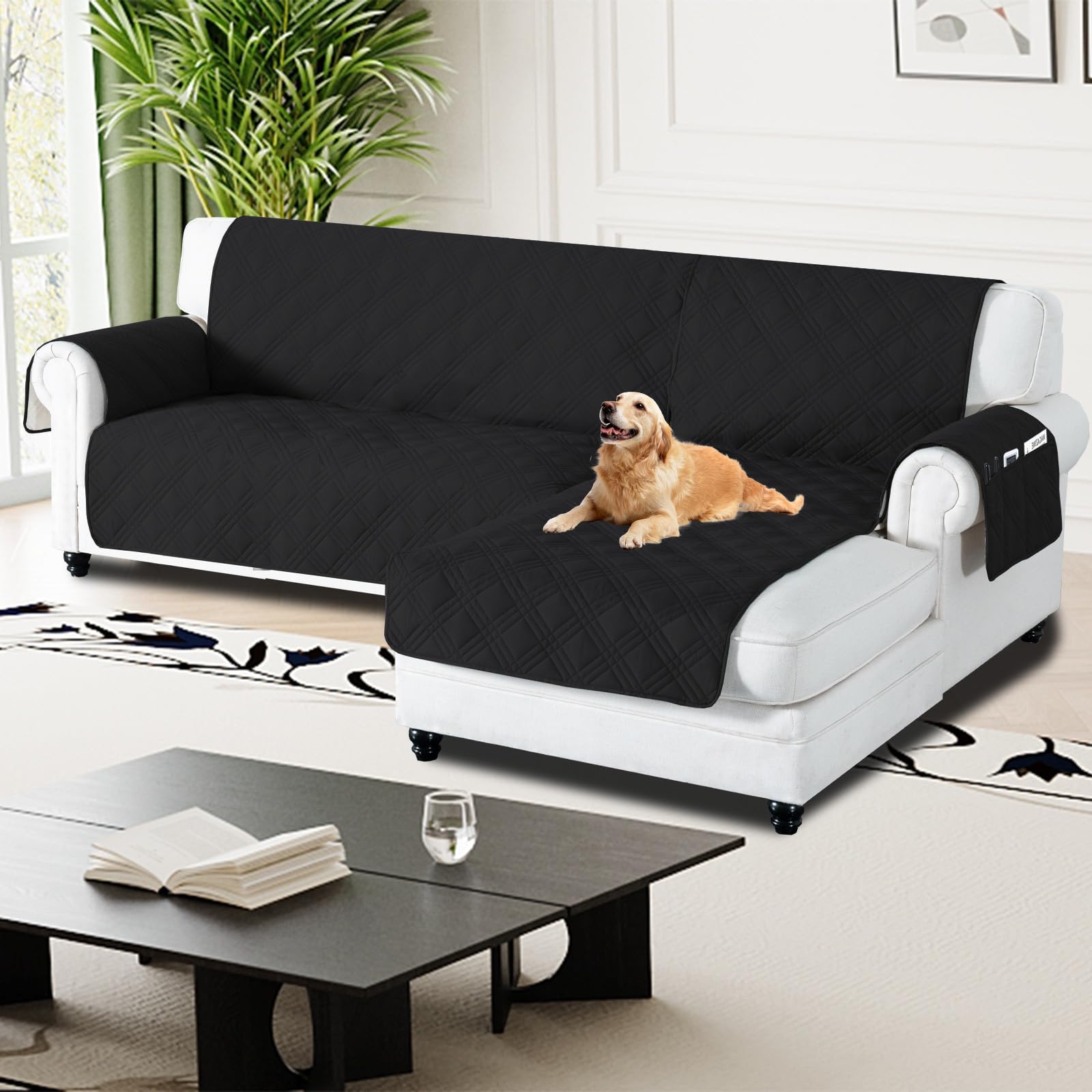 H.Versailtex 100% Waterproof Couch Covers for Sectional Sofa 2-Piece Couch Covers Sectional Chaise Sofa Cover L Shaped for Dogs Non Slip (Right Chaise Lounge Cover + 3 Seat Sofa Cover, Black) โ image 1
