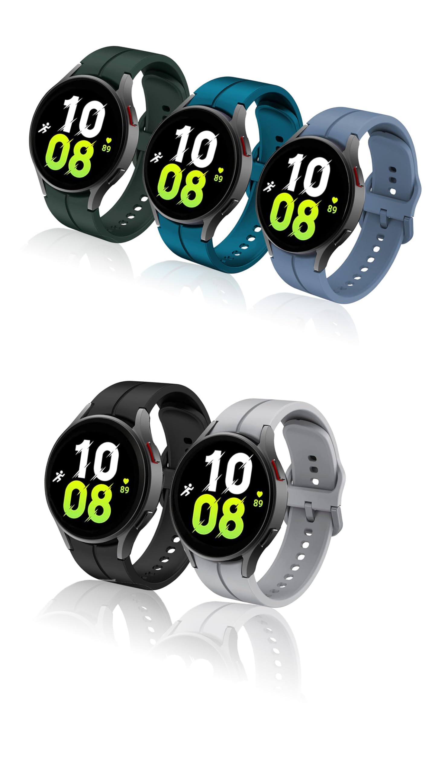 Sweet seven 5Pack Silicone Replacement Strap for Samsung Galaxy Watch 5 Pro 45mm, Galaxy Watch 4 40mm 44mm, Classic 42mm 46mm No Gap Replacement Strap with Colorful Buckle(Black/Grey/Blue/Blue/Green)