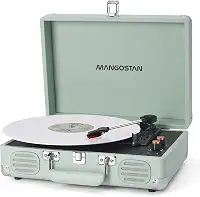 MANGOSTAN Mala portátil Bluetooth de 3 velocidades, fonógrafo de vinil com graves e alto-falantes embutidos, leitor de LP acionado por correia, suporte AUX-in RCA Line Out para fone de ouvido, verde