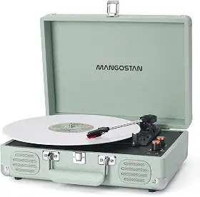 MANGOSTAN Mala portátil Bluetooth de 3 velocidades, fonógrafo de vinil com graves e alto-falantes embutidos, leitor de LP acionado por correia, suporte AUX-in RCA Line Out para fone de ouvido, verde