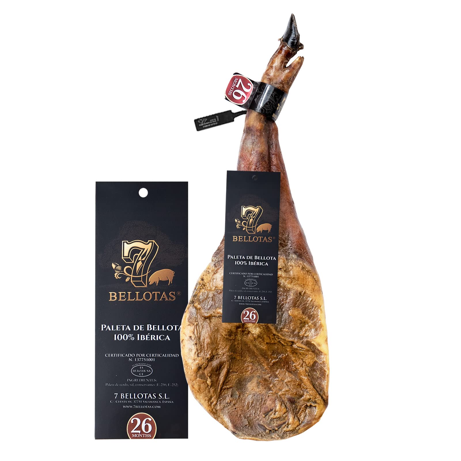 7 BELLOTAS Paleta de bellota 100% Ibérica | Paleta de Jamón Ibérico Pata Negra Español de Guijuelo con 26 Meses de Curación Natural (Pieza entera + 5,0 Kg.)