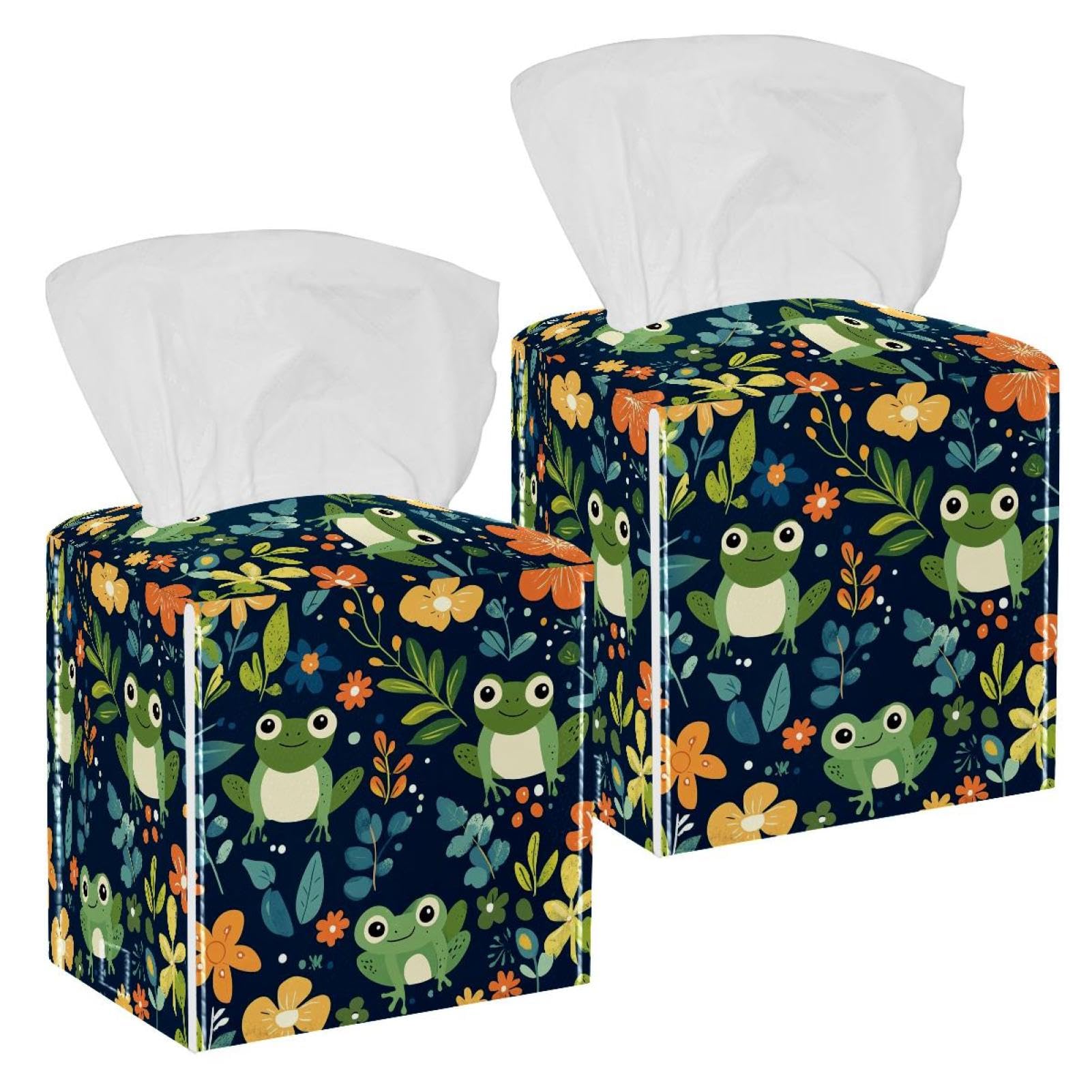 Cute Frog Tissue Box Cover, 2 Pack PU Leather Square Facial Tissue Dispenser Box holder for Home Office Car