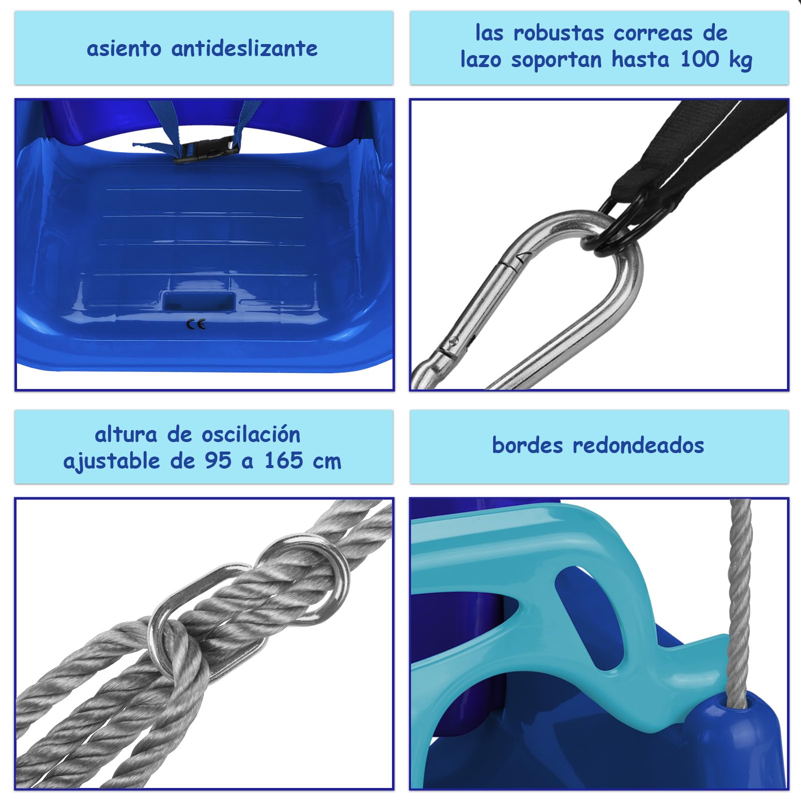 Montafox Columpio para niños bebés 3 en 1 Ajustable en Crecimiento con Respaldo arnés con Correa, Color:Azul