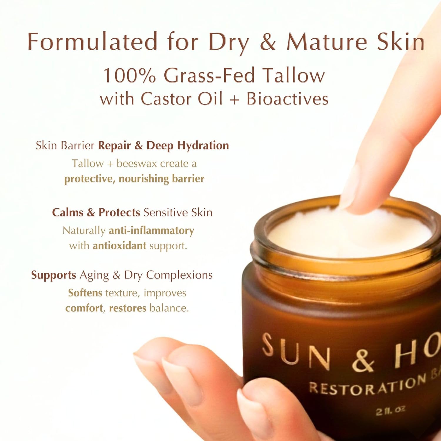 Beef Tallow for Face – Tallow Face Moisturizer with Castor Oil, Luxury 100% Grass-Fed Tallow Balm for Dry & Mature Skin | Cosmetic Grade | Sun & Honey - Image 2