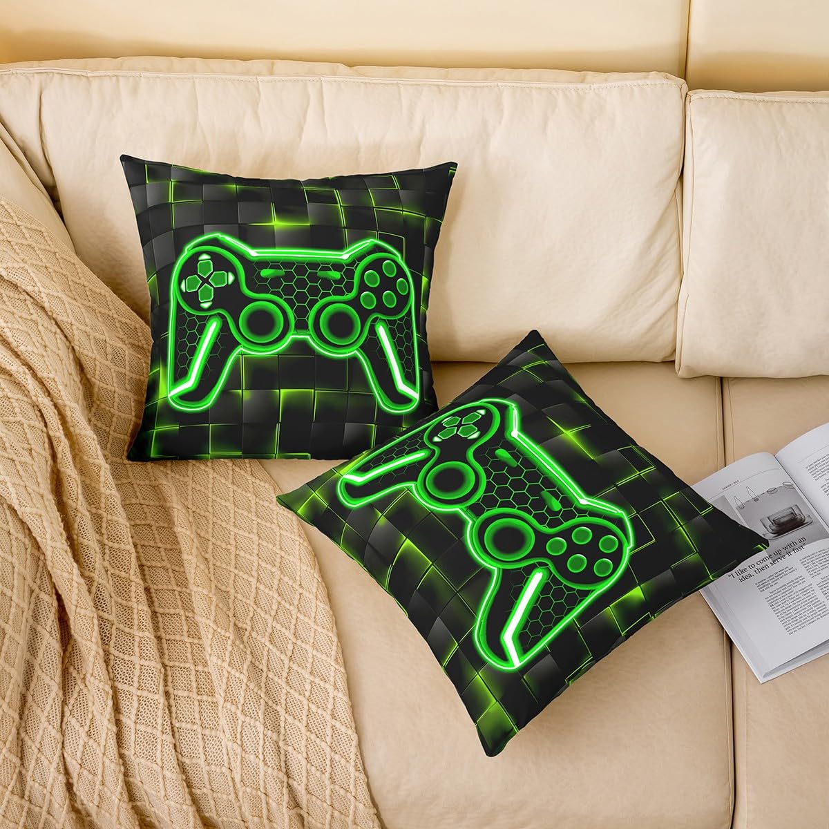 Homemissing Gamer Throw Pillow Covers 18"x18" Set of 2 Soft Green and Black Pillow Case Cushion Cover Decor Gaming Ombre Decorative Throw Pillowcase for Sofa Geometric Square Cushion Case - Image 3