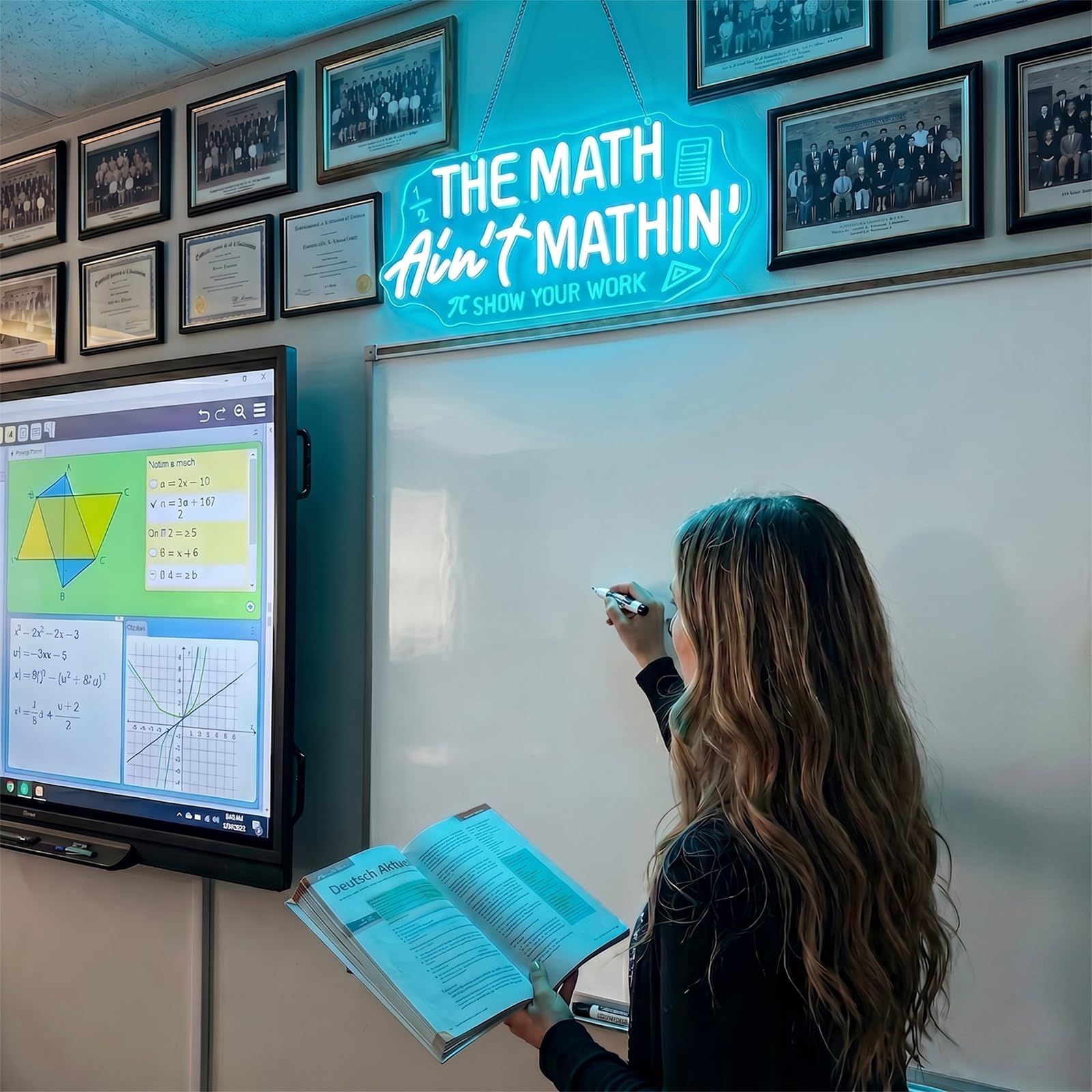 Insegna al neon matematica per decorazione in classe, The Math Ain't Mathin, luce al neon a LED con calcolatrice e simboli geometrici, dimmerabile, alimentato tramite USB, regalo per