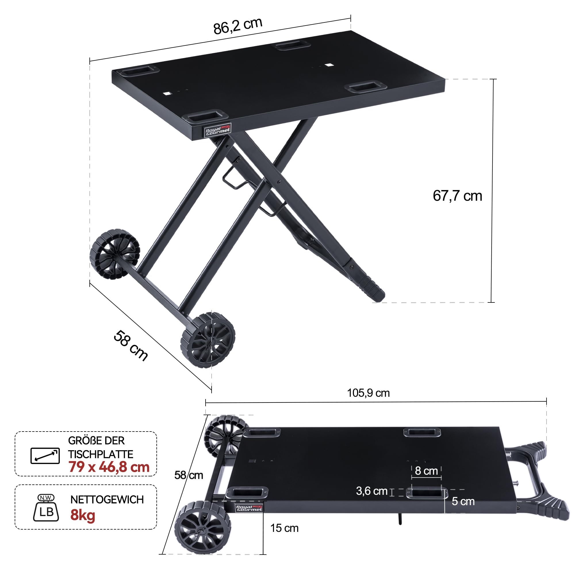 Royal Gourmet Mesa de barbacoa plegable para barbacoa de gas, soporte para barbacoa de mesa, carrito plegable con ganchos, mesa plegable para barbacoa de gas, GT2005-G negro