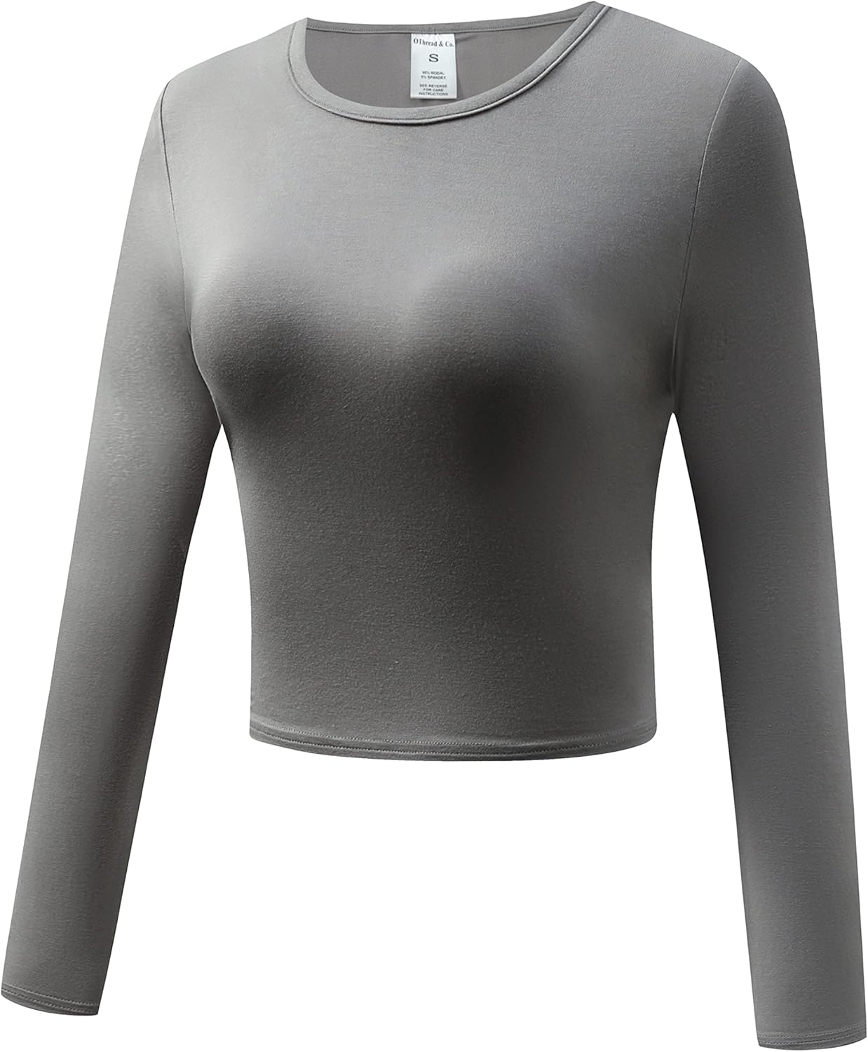 OThread & Co. Women's Long Sleeve Crew Neck Crop Top Basic Comfy Stretch Tee - Image 2