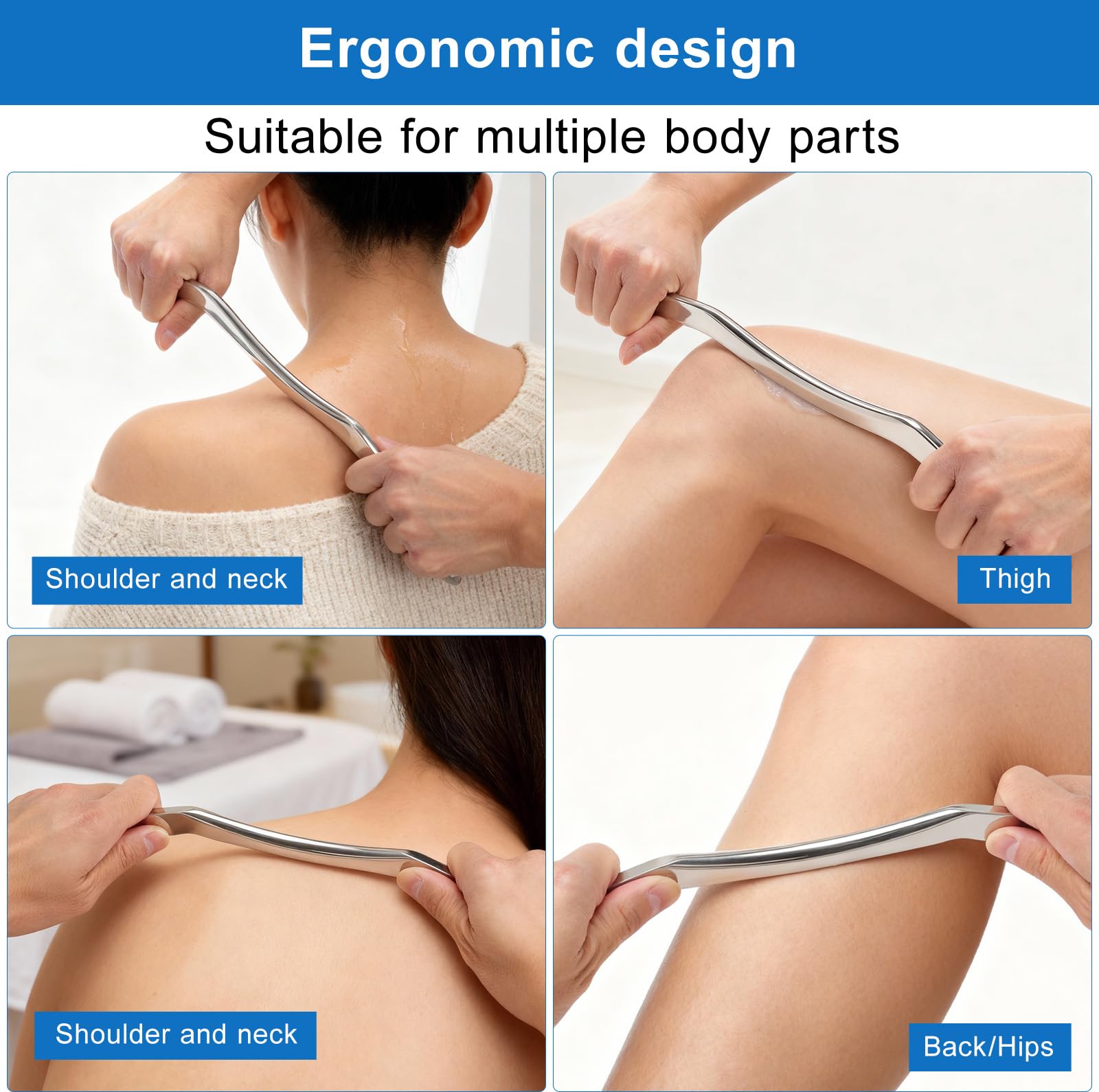 Guasha Acciaio Inox Guasha Acciaio Inox Gua Sha Acciaio - Strumento in Acciaio 316, 30 cm, 8 mm, Impugnatura Ergonomica - Per Sport, Fitness, Mobilità, Schiena e Gambe
