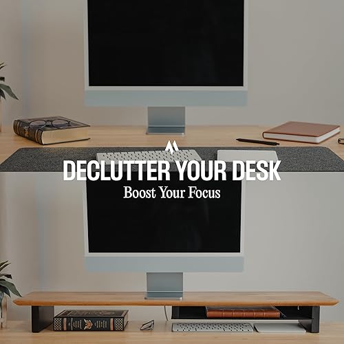 Miniatura 7 de Soporte elevador de madera maciza para monitor doble, estante de escritorio de nogal de 43 pulgadas para 2 monitores con bandeja y fieltro de lana,