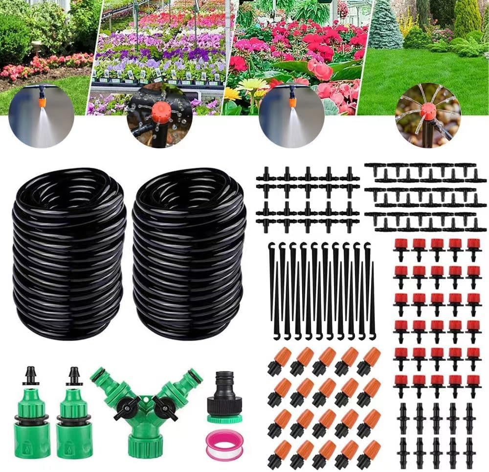 100FT Greenhouse Micro Drip Irrigation Kit -Garden Grid Watering System, Adjustable 2-in-1 Nozzles, Irrigation System Misting for Flowerbed, Plants, Yard
