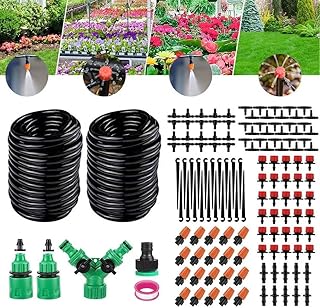 100FT Greenhouse Micro Drip Irrigation Kit -Garden Grid Watering System, Adjustable 2-in-1 Nozzles, Irrigation System Misting for Flowerbed, Plants, Yard
