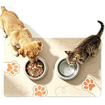 Pet Dog Cat Food Mats for Floors, Absorbent Dog Bowl Mat and Water Dispenser Mat Non-Slip Rubber Backing Quick Dry Pet Feeding Mat for Messy Eaters, Easy to Clean Five-Paw/Beige, 19.7" L x 12" W