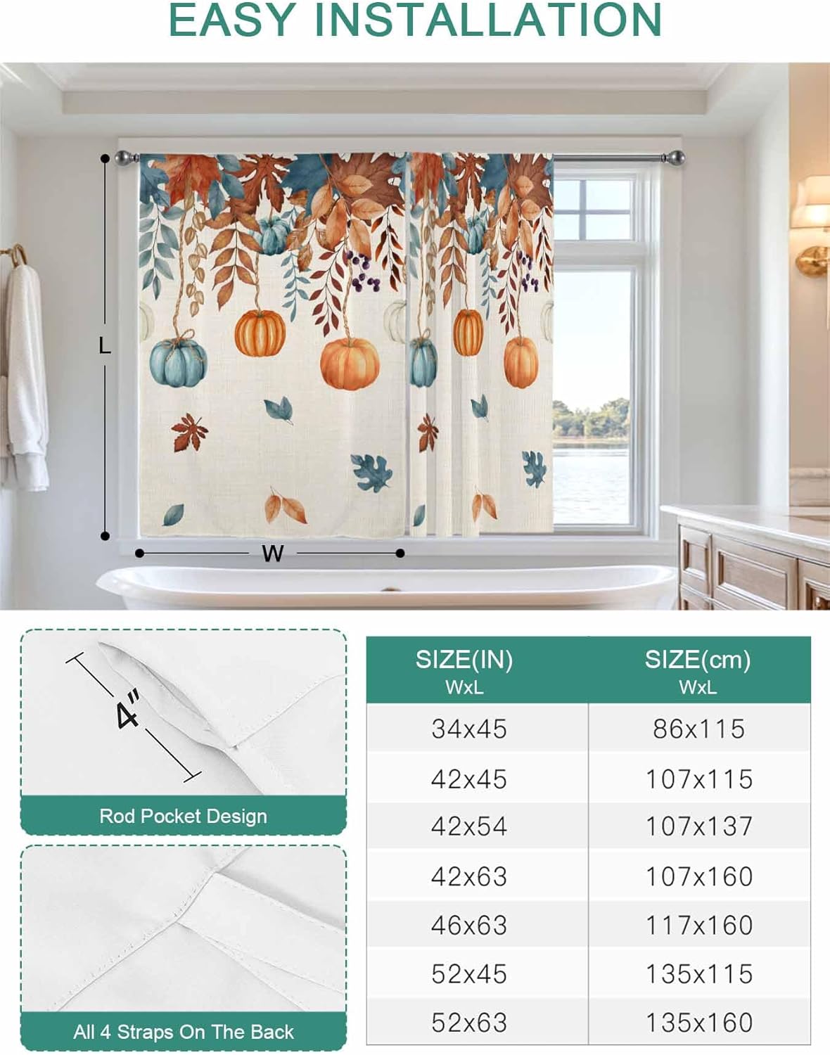 Tie Up Curtains for Windows Thanksgiving Pumpkin Fall Leaves Rod Pocket Window Shade Adjustable Balloon Curtain Valance for Bedroom Kitchen Bathroom Blinds 42x54in Farm Maple Leaf Retro Linen
