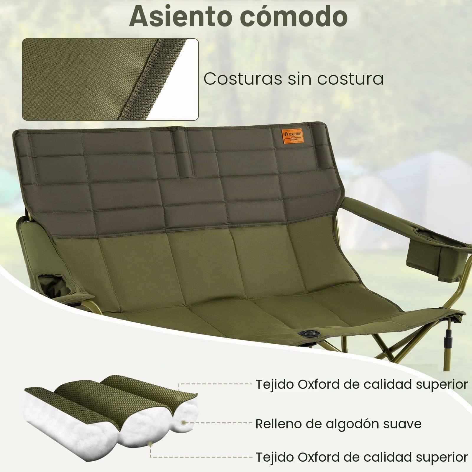 GOPLUS - Silla de camping doble, sillón de playa acolchada con portavasos, apoyabrazos ajustables, banco de camping de 2 plazas plegable para pesca, camping, picnic, playa, carga 300 kg (verde)