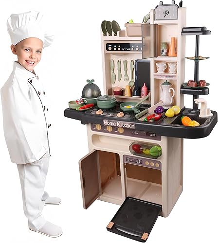 Miniatura 5 de Juego de cocina interactivo para niños, 65 piezas con luces reales y sonidos de vapor, agua corriente, alimentos y accesorios para niños pequeños