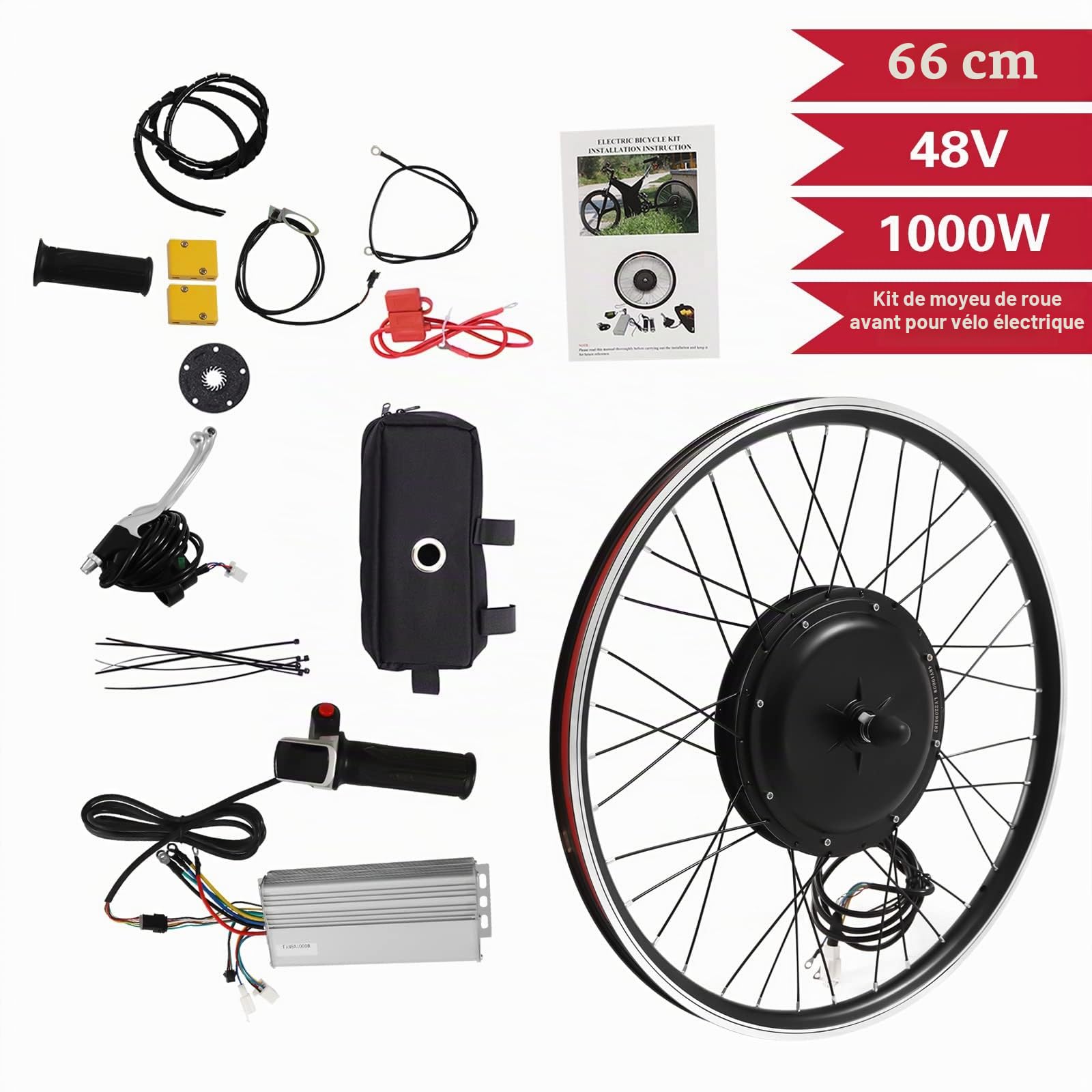 Kit de conversion de roue avant pour vélo électrique 26" 48 V 1000 W (sauf batterie) sans pneu