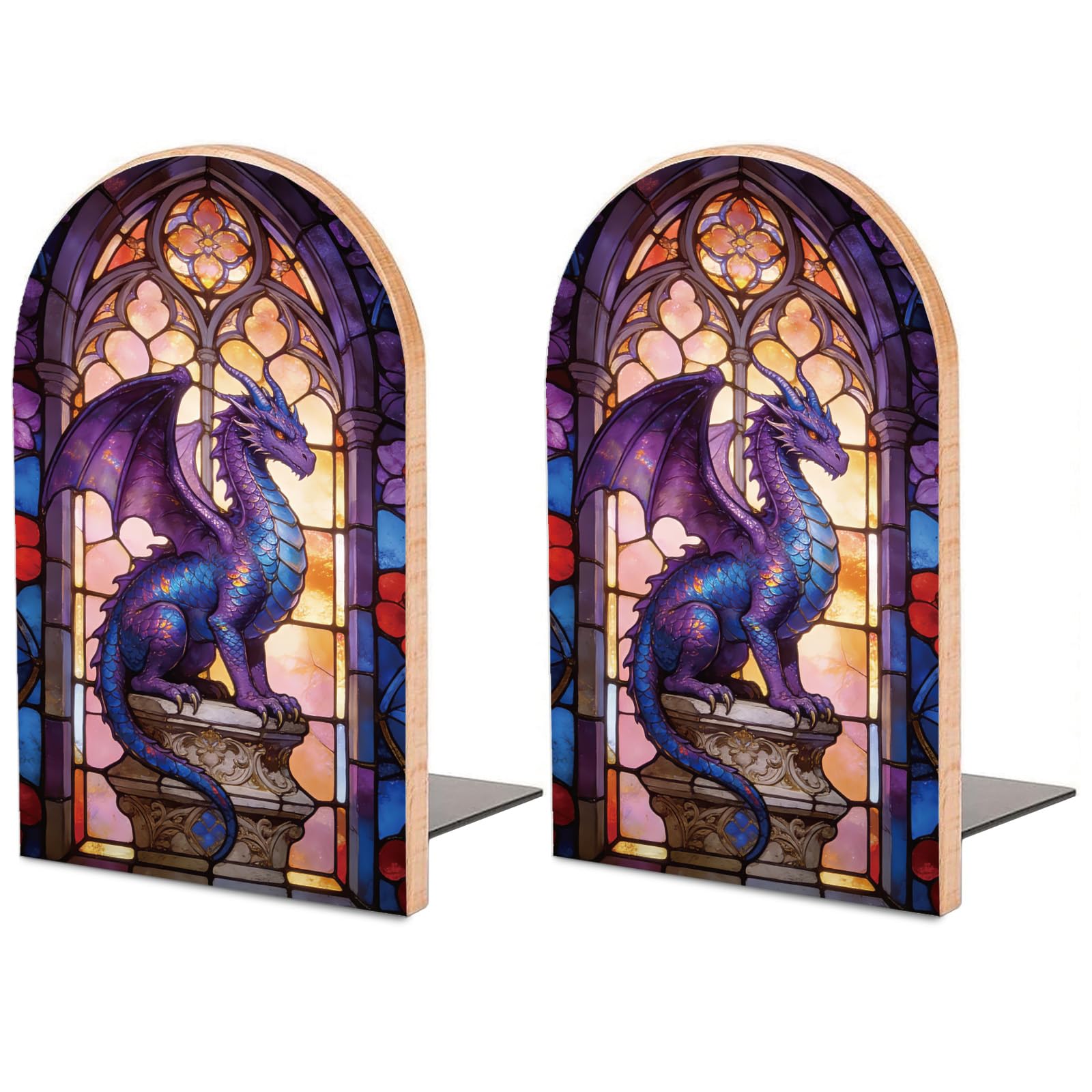 Peacoblue Wooden Board Bookends for Shelves, Modern Decorative Study Book Ends Stoppers for Office Desk Shelf, Room 5"x3.15" Bookends 1 Pair (Dragon and Castle)