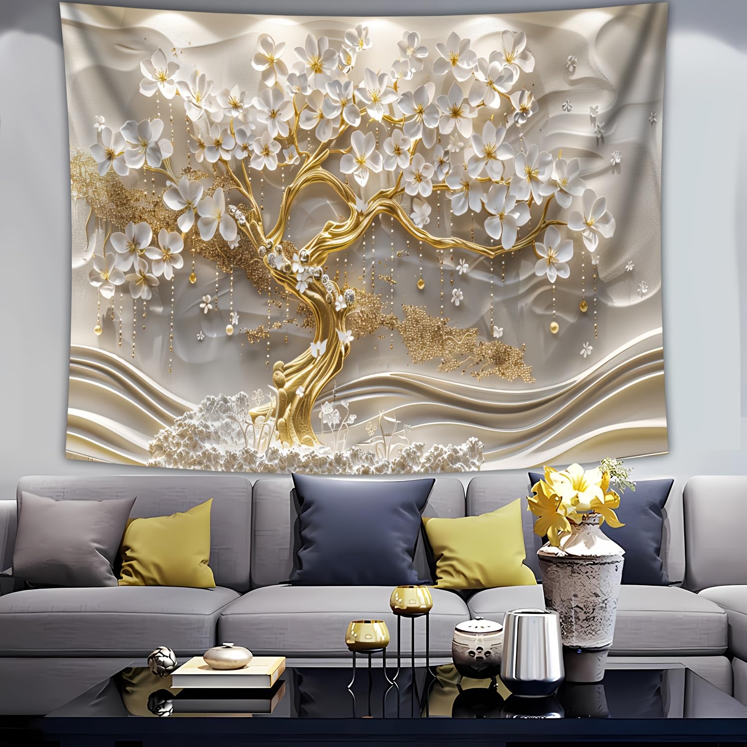 GLWDMB 1 pieza | Tela de fondo blanco del árbol de la vida, tapiz de poliéster para colgar en la pared, para sala de estar, dormitorio, oficina, fiesta, decoración | 230 x 150 cm