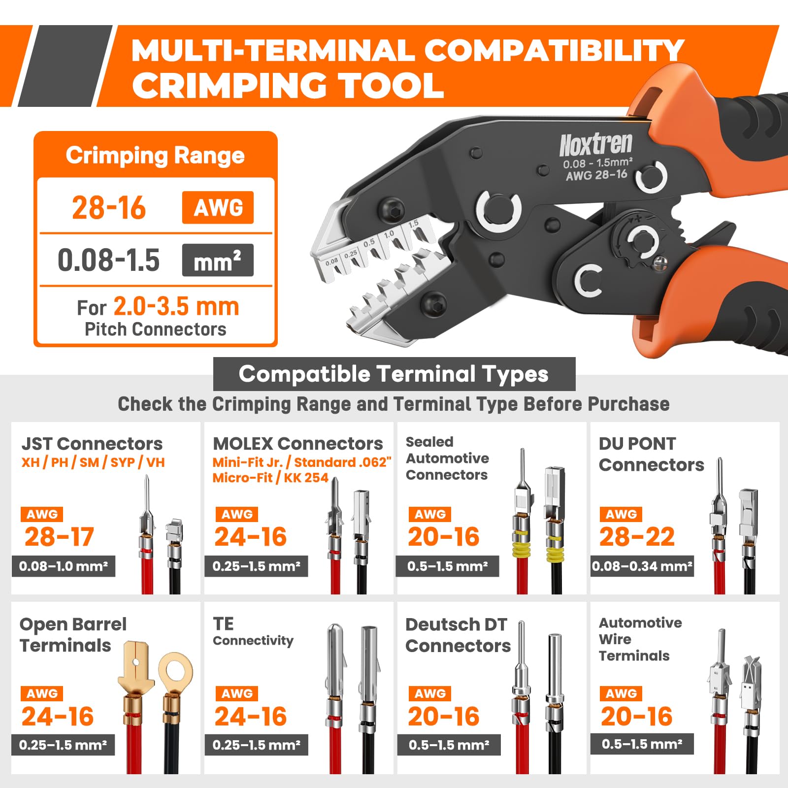Herramienta de crimpado de alambre 5 en 1, crimpadora de trinquete AWG 28-16 para terminales de barril abierto no aislados, se adapta a conectores de cable automotrices Deutsch, Delphi, AMP