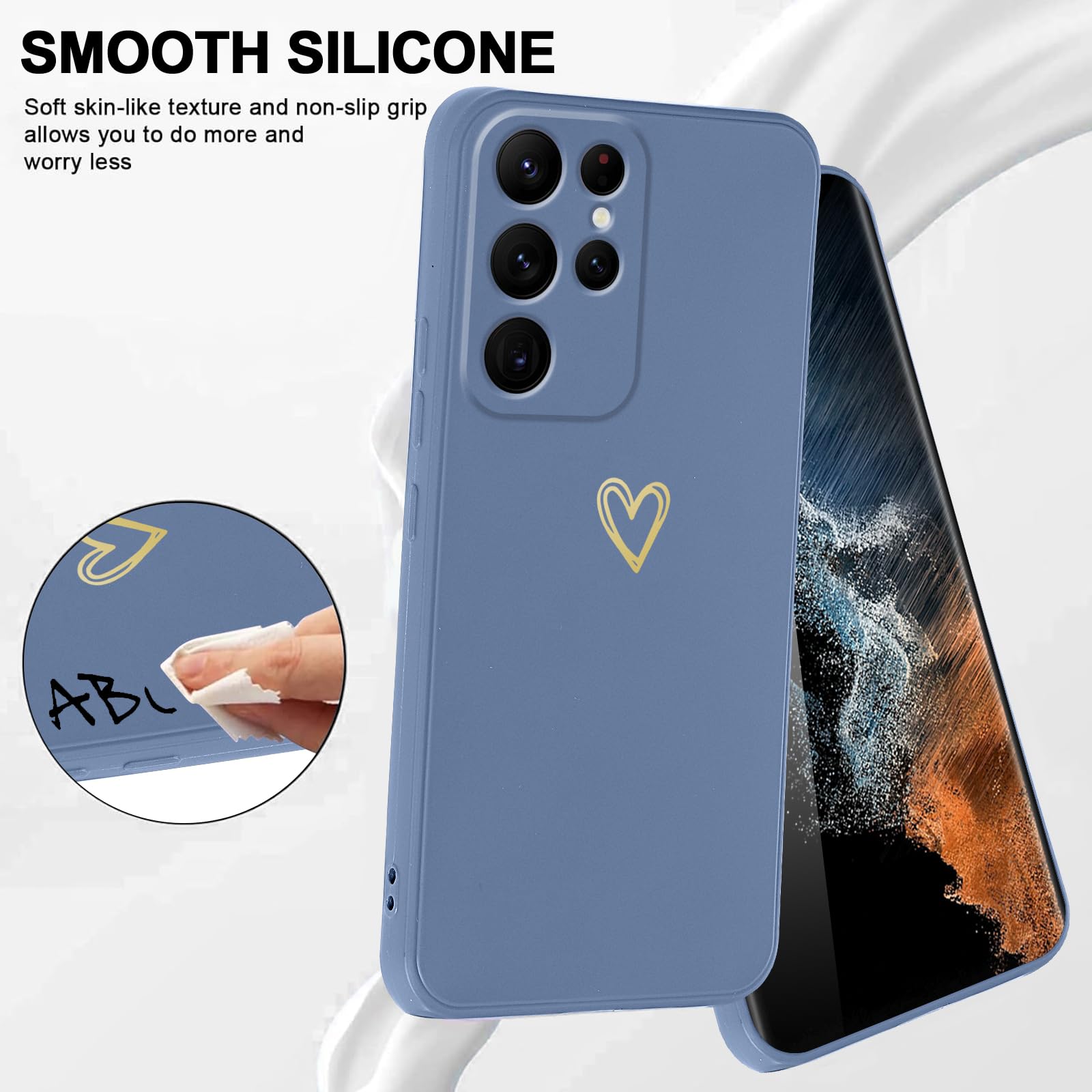 Etui do Samsung Galaxy S22 Ultra 5G ze sznurkiem obrożowym, miękkie etui silikonowe z motywem serca i przenośną smyczą, regulowana, odporna na wstrząsy osłona paska na ramię, niebieska