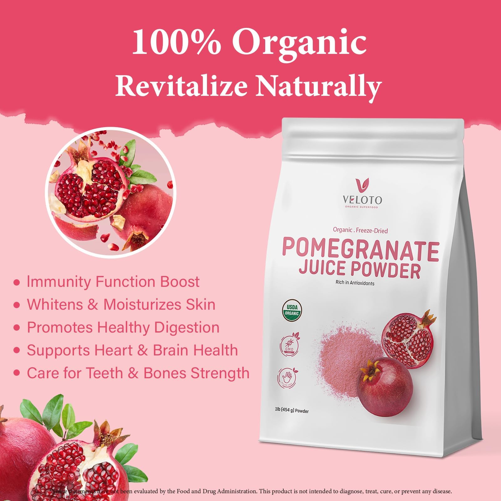Organic Pomegranate Juice Powder 1 lb, Freeze-Dried, Antioxidant Superfood, No Sugar Added, Unsweetened, Non-GMO, Vegan, for Smoothies, Juice & Baking