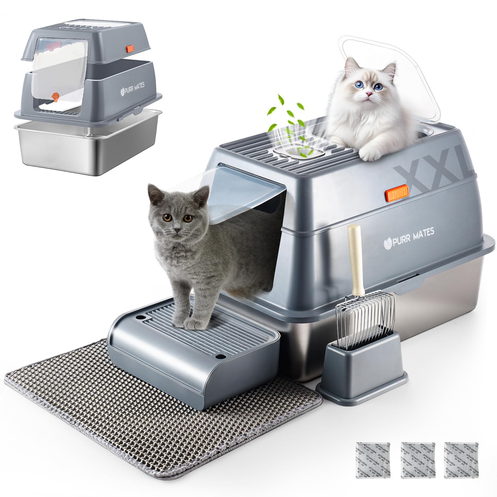 Stainless Steel Extra Large Covered Litter Box with High Sides Enclosed Lid for Big Tall Multiple Indoor Cat,Deep Metal,Jumbo Hooded,Low Entry Design